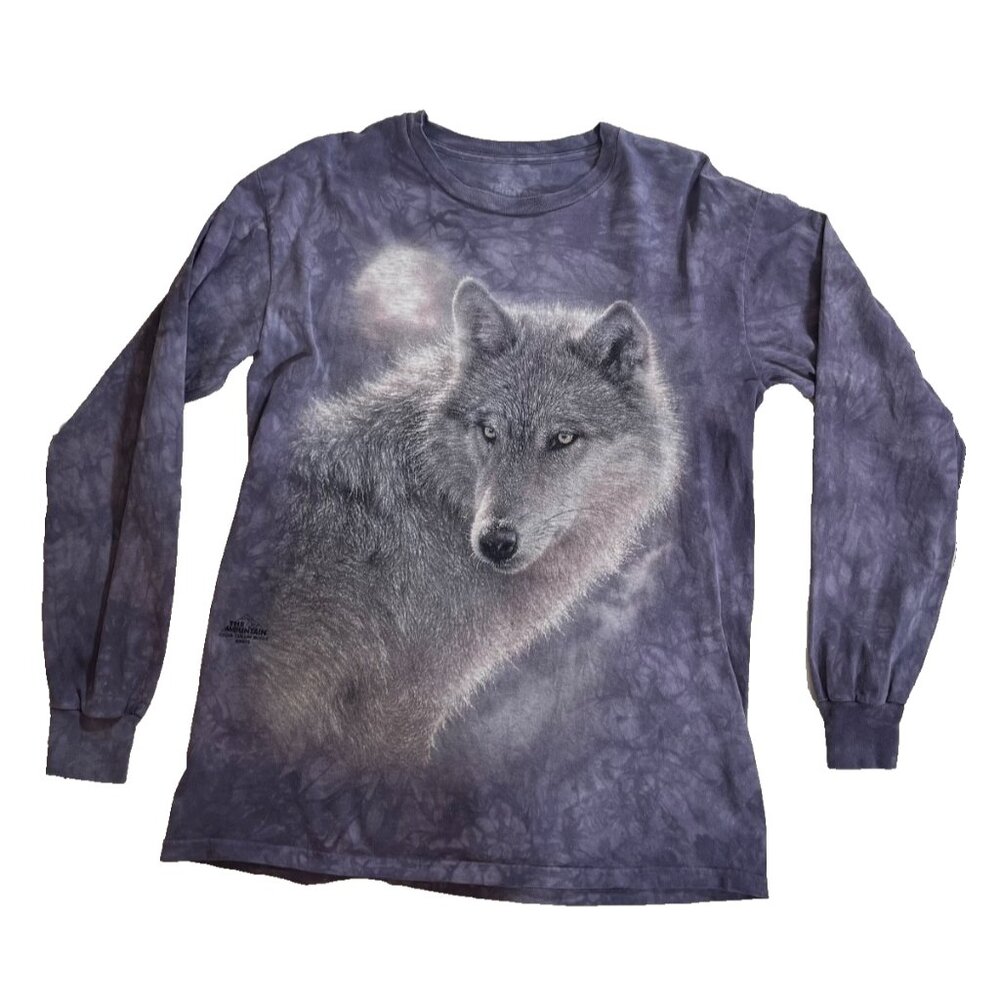 THE MOUNTAIN Tee T Shirt Tie Dye Lone Wolf Graphic Long Sleeve Sz M Purple Grey